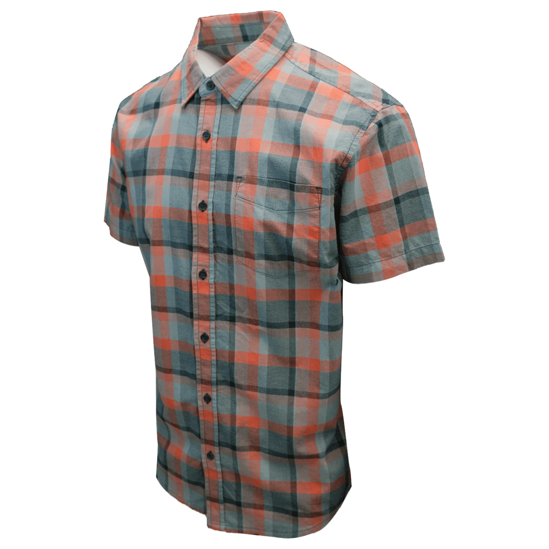 prAna Men's Bright Coral Orange Grey Black Box Plaid Benton S/S Woven Shirt S08