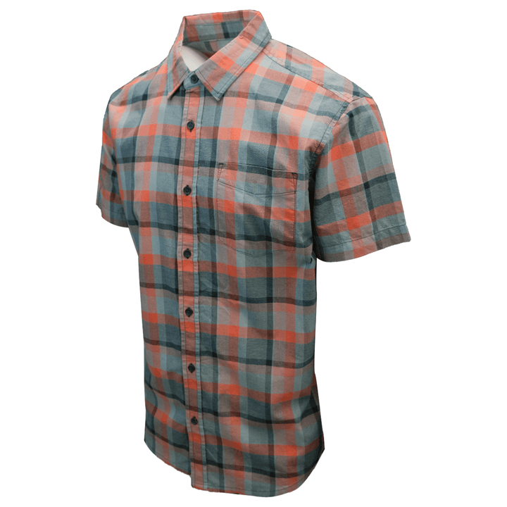 prAna Men's Bright Coral Orange Grey Black Box Plaid Benton S/S Woven Shirt S08