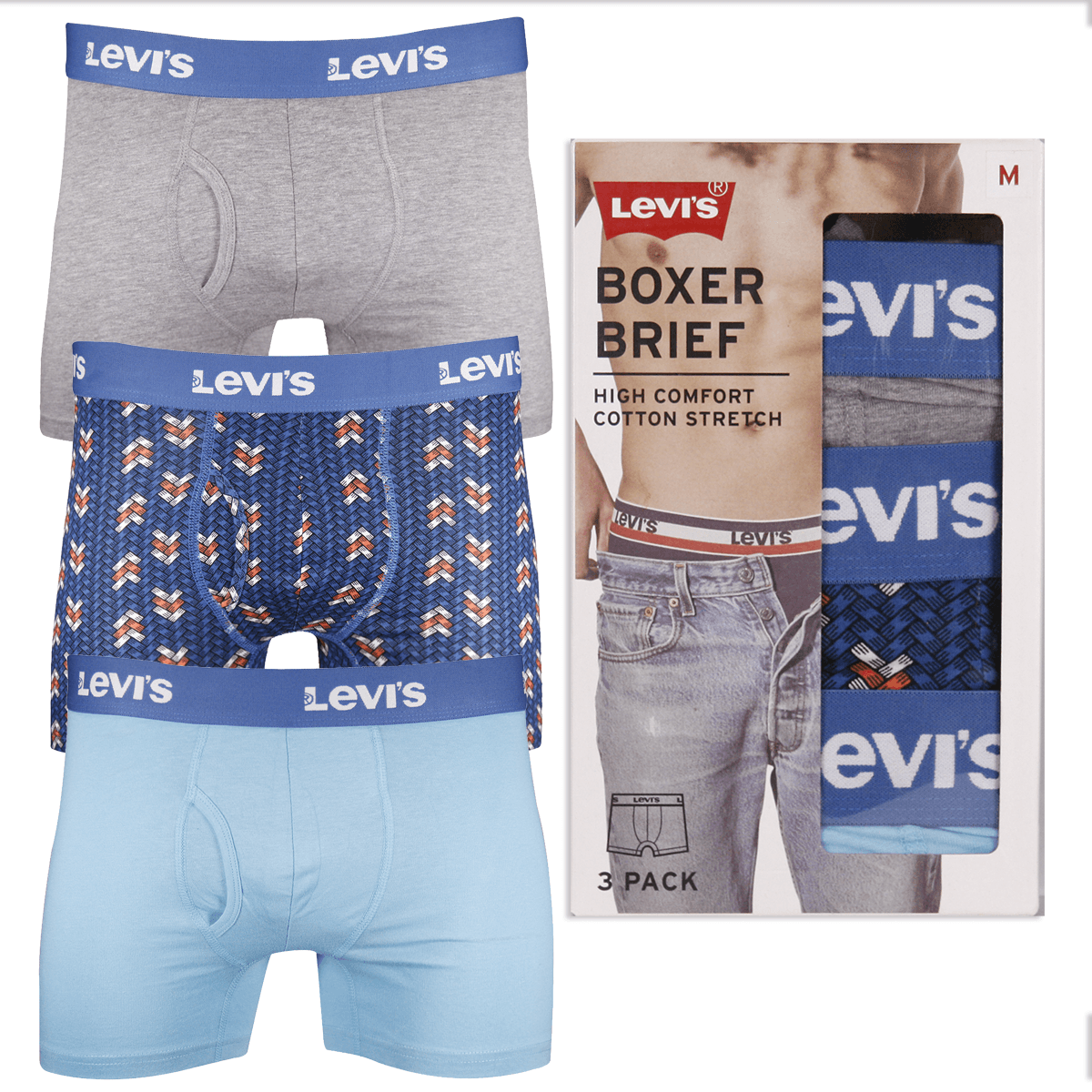 Levi's Men's 3 Pack Grey, Blue Patch, Sky Blue Stretch Boxer Briefs