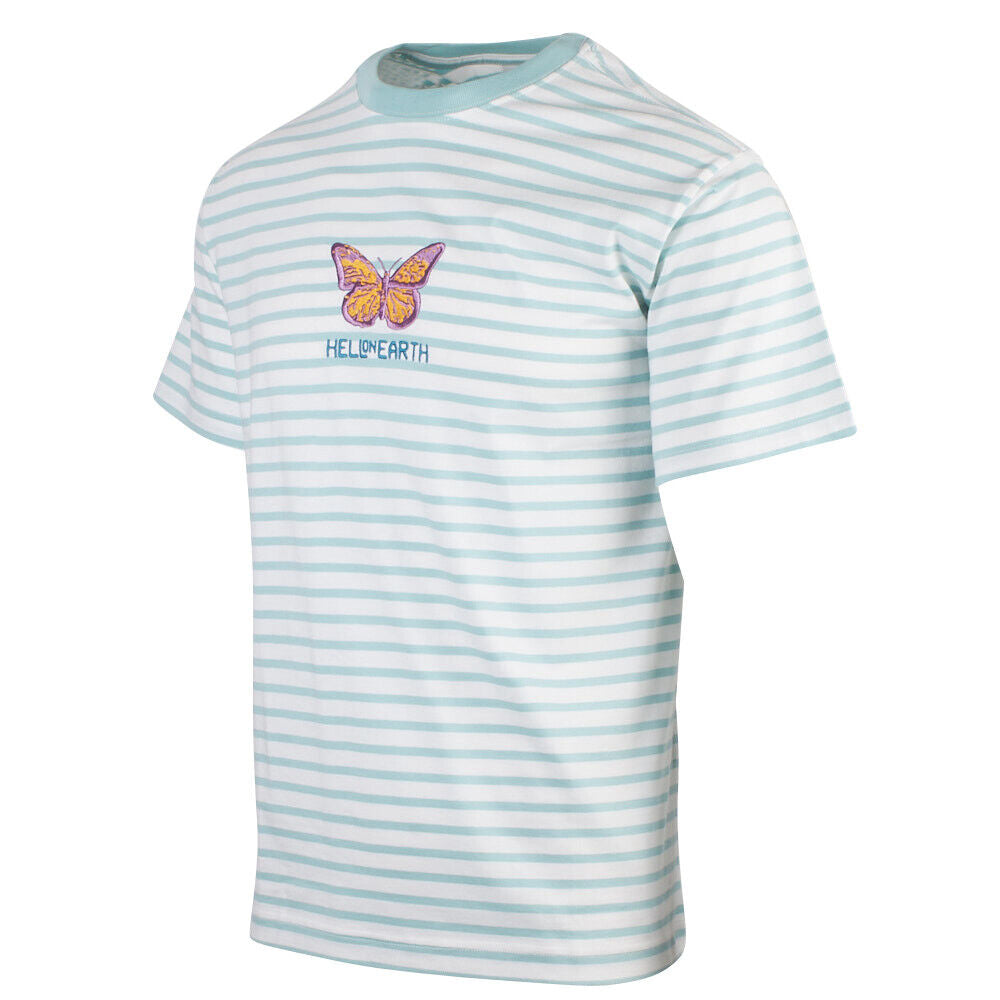 OBEY Men's Aqua White Striped Hell On Earth Butterfly S/S T-Shirt