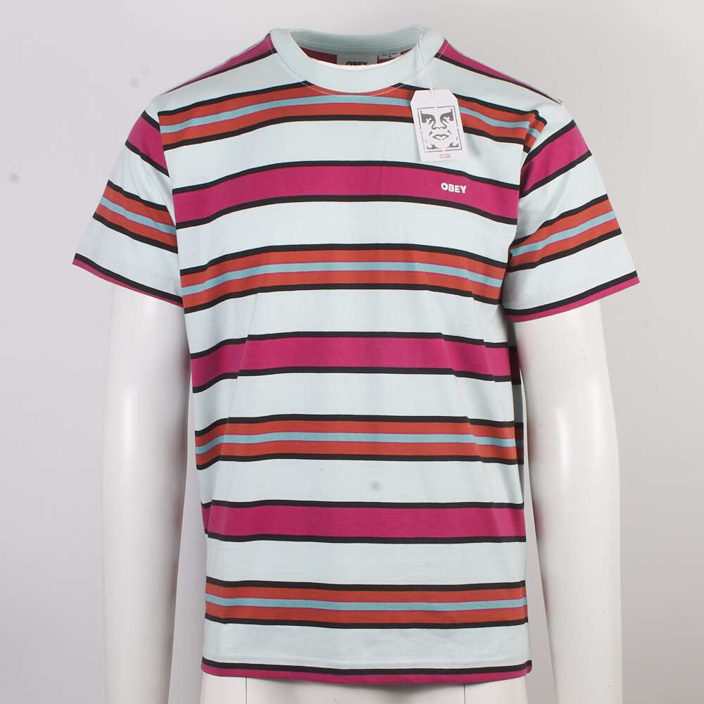 OBEY Men's Cucumber Hot Pink Orange Black Striped S/S T-Shirt