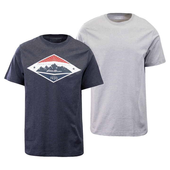 Eddie Bauer Men's 2 Pack Navy Graphic & Grey Crew S/S T-Shirt (S01)