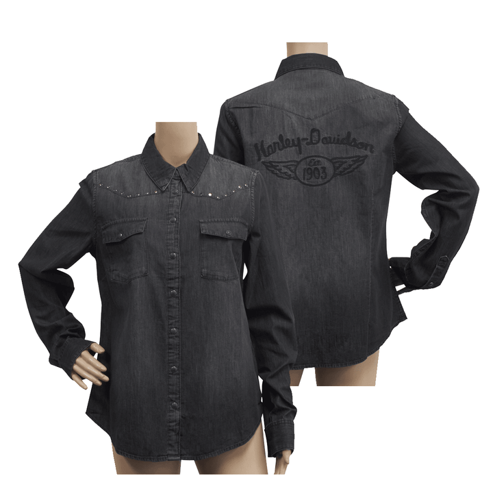 HD Branded Women's Charcoal Circular Stud Denim L/S Woven Shirt