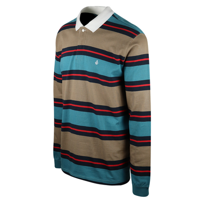 Volcom Men's Teal, Navy & Brown Striped L/S Polo T-Shirt (S04)