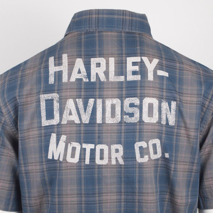 HD Branded Men's Blue Grey Plaid Motor Co. Amplifier S/S Woven Shirt (S38)