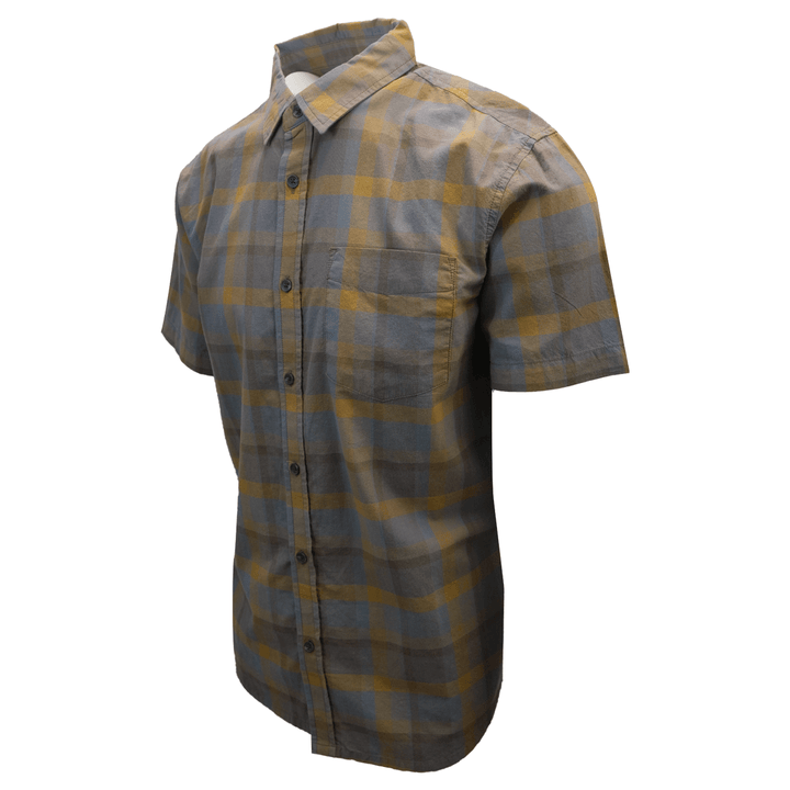 prAna Men's Brown Grey Gold Box Plaid Benton S/S Woven Shirt S06