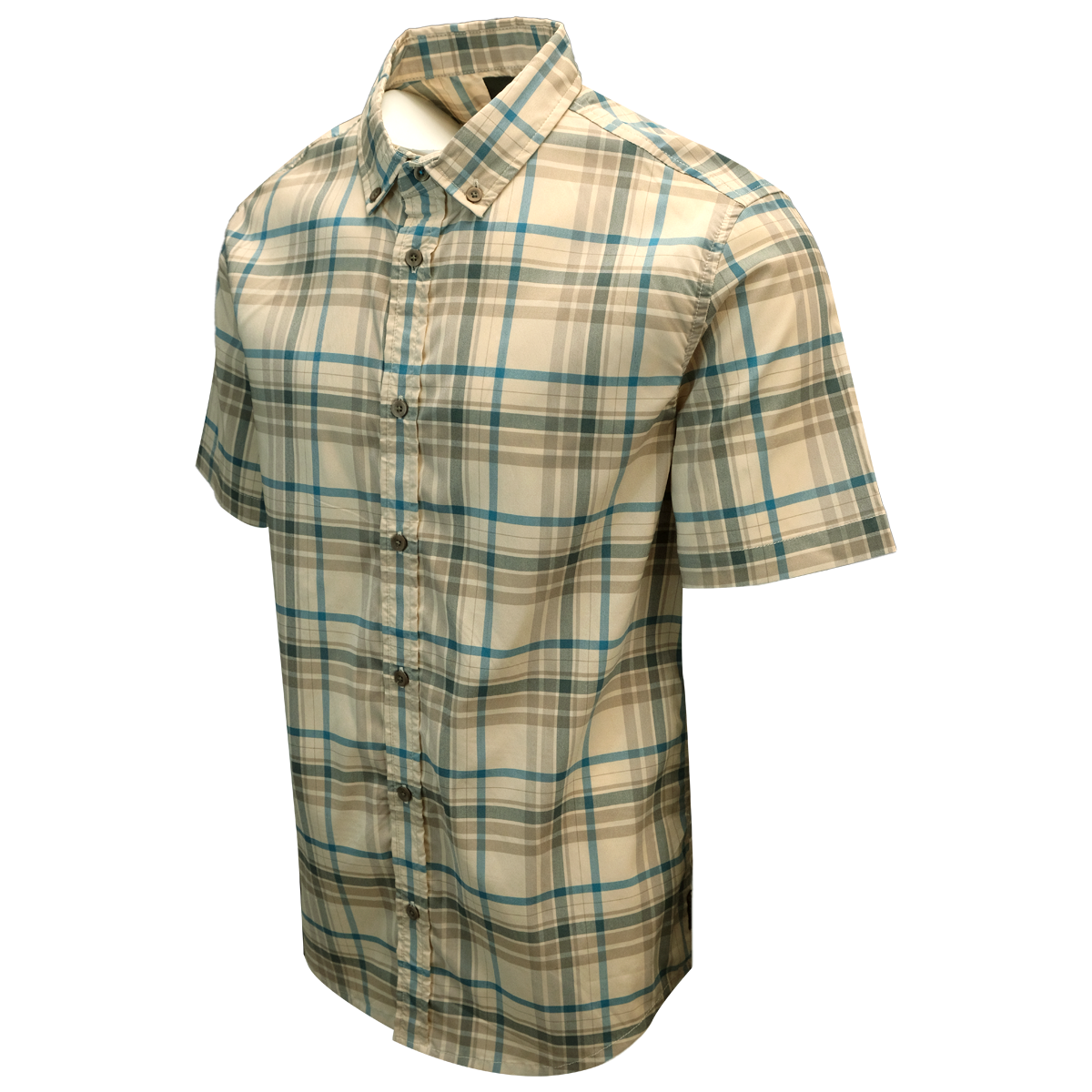 prAna Men's Beige Blue Brown Plaid S/S Woven Shirt (S09)