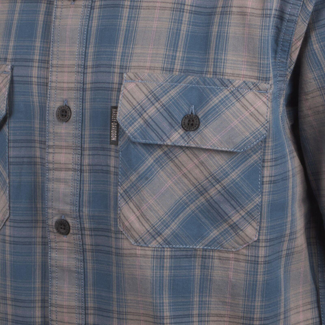 HD Branded Men's Blue Grey Plaid Motor Co. Amplifier S/S Woven Shirt (S38)