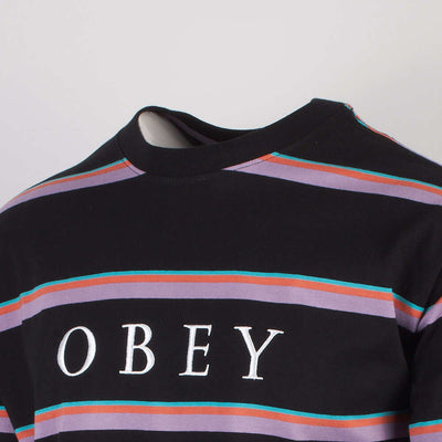 OBEY Men's Black Purple Coral Teal Striped S/S T-Shirt