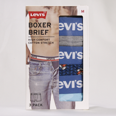 Levi's Men's 3 Pack Grey, Blue Patch, Sky Blue Stretch Boxer Briefs