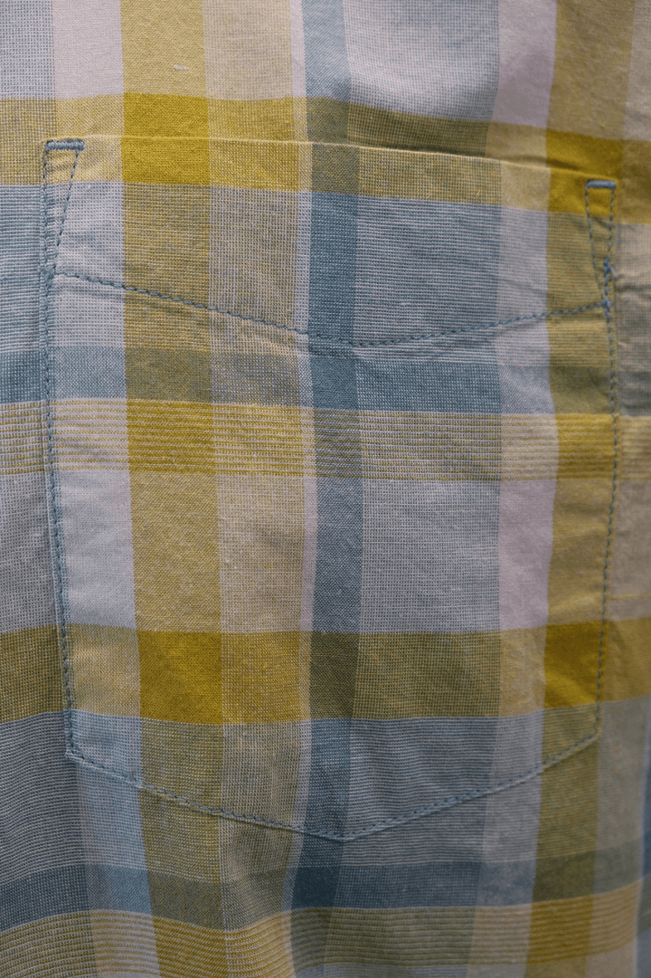 prAna Men's Mustard Yellow Turquoise Plaid S/S Woven Shirt (S24)