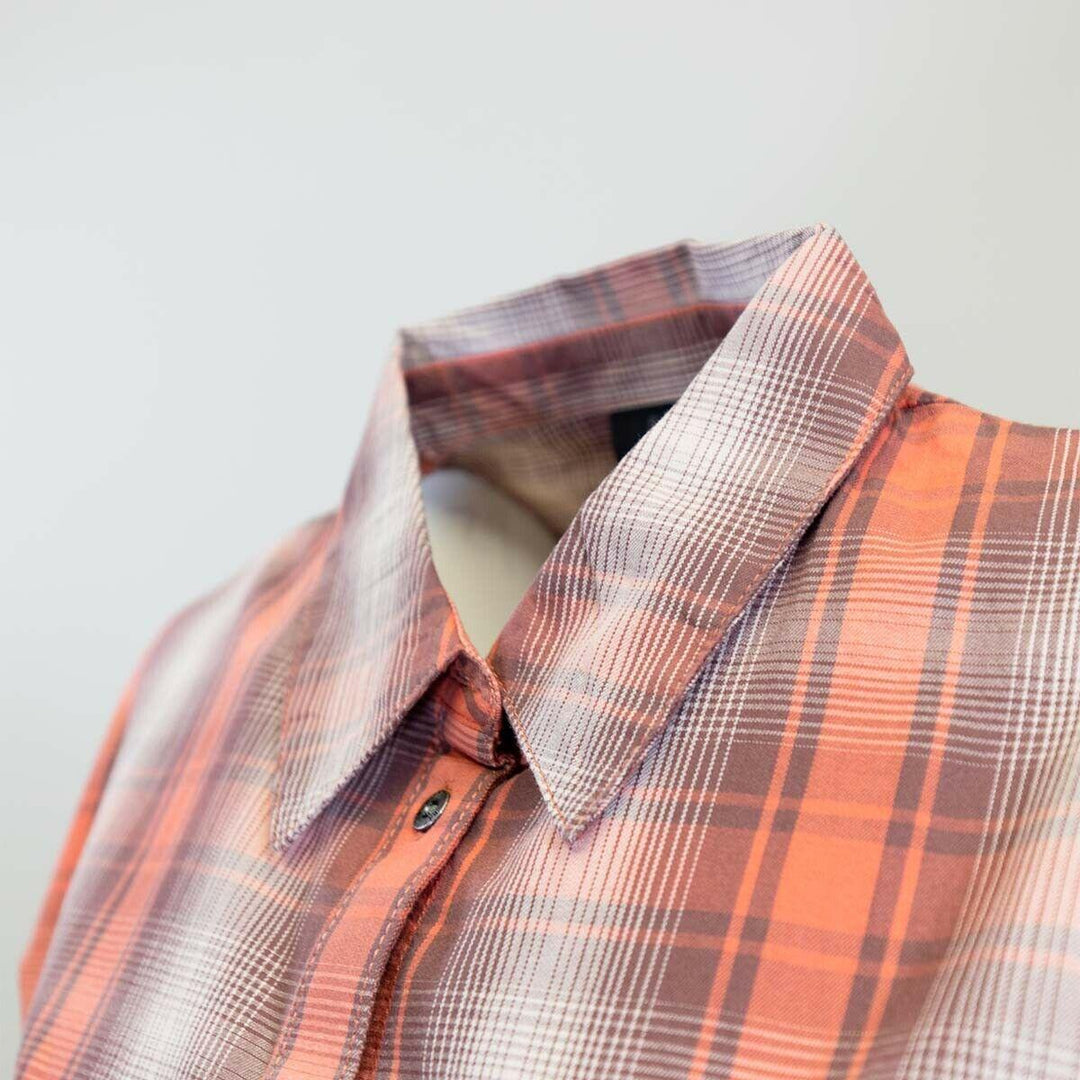 HD Branded Women's Red Orange Ombre Plaid S/S Woven Shirt Vest (S03)