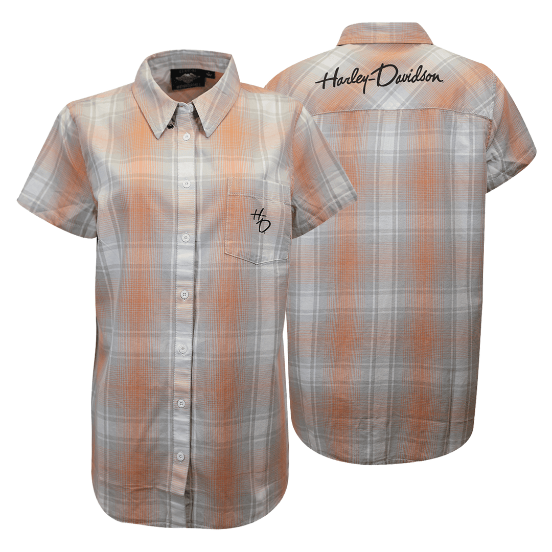HD Branded Women's Coral Grey Plaid S/S Woven Shirt (S01)