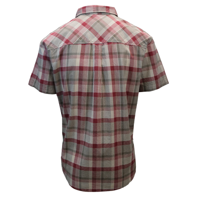 prAna Men's Raspberry Red Cream Grey Box Plaid Benton S/S Woven Shirt S07