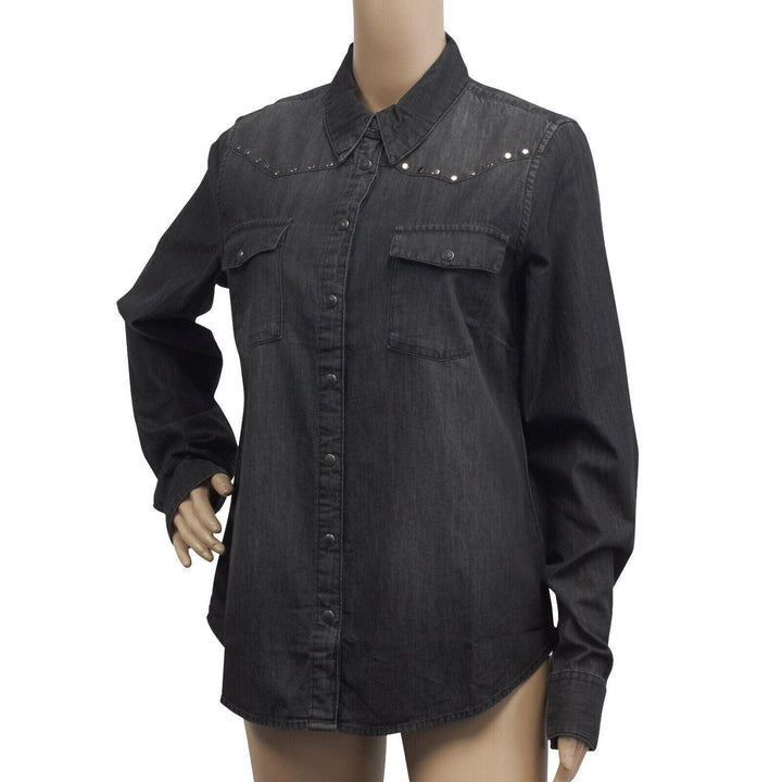 HD Branded Women's Charcoal Circular Stud Denim L/S Woven Shirt