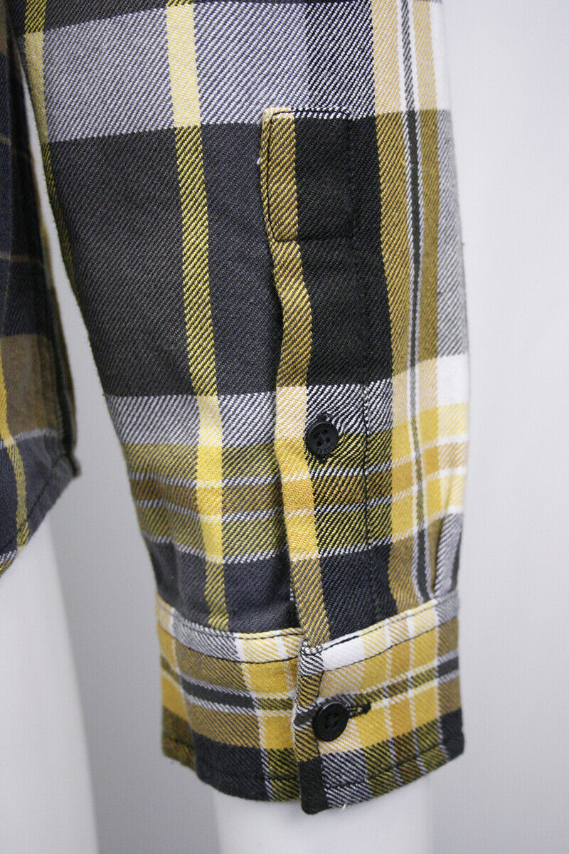 GUESS Men's Grey Yellow Olive Green White Plaid L/S Flannel Shirt