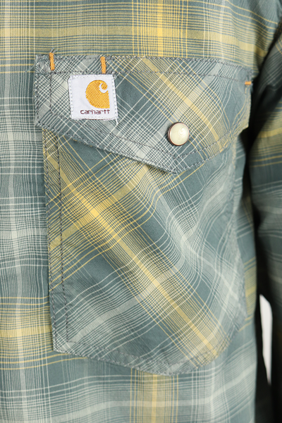 Carhartt Men's Sage Green Seafoam Gold Plaid Snap Front L/S Woven Shirt (S07)
