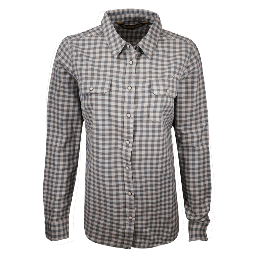 HD Branded Women's Grey Blue Plaid L/S Woven Shirt