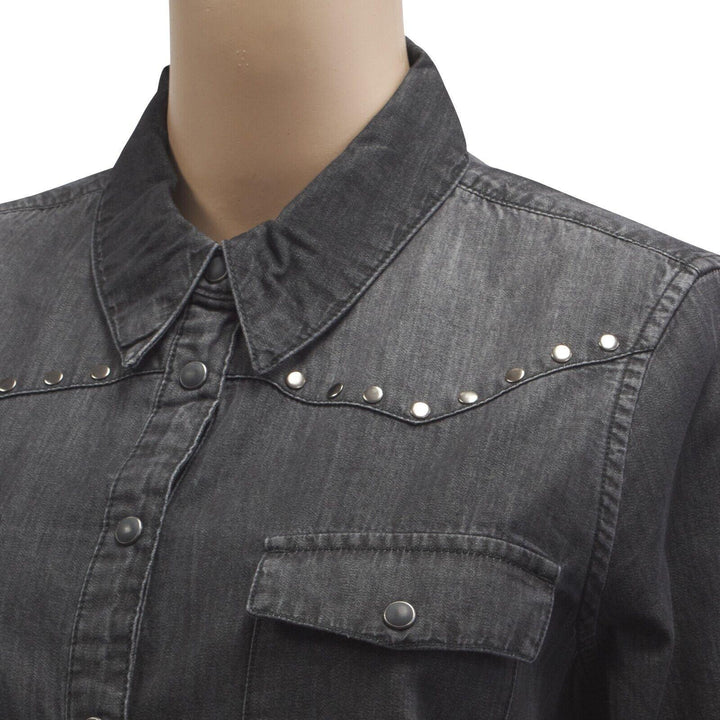 HD Branded Women's Charcoal Circular Stud Denim L/S Woven Shirt