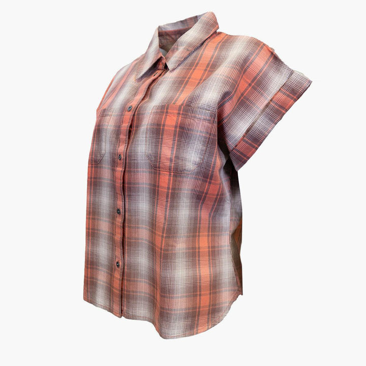 HD Branded Women's Red Orange Ombre Plaid S/S Woven Shirt Vest (S03)