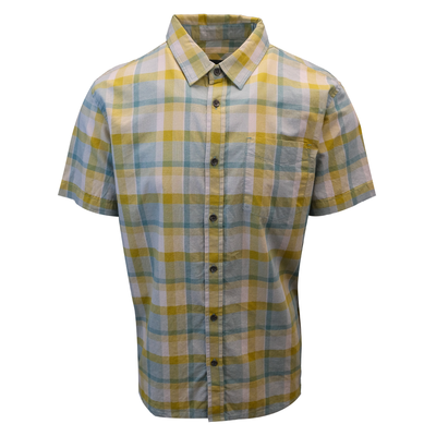 prAna Men's Mustard Yellow Turquoise Plaid S/S Woven Shirt (S24)