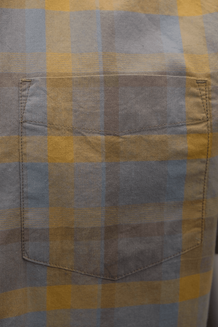 prAna Men's Brown Grey Gold Box Plaid Benton S/S Woven Shirt S06