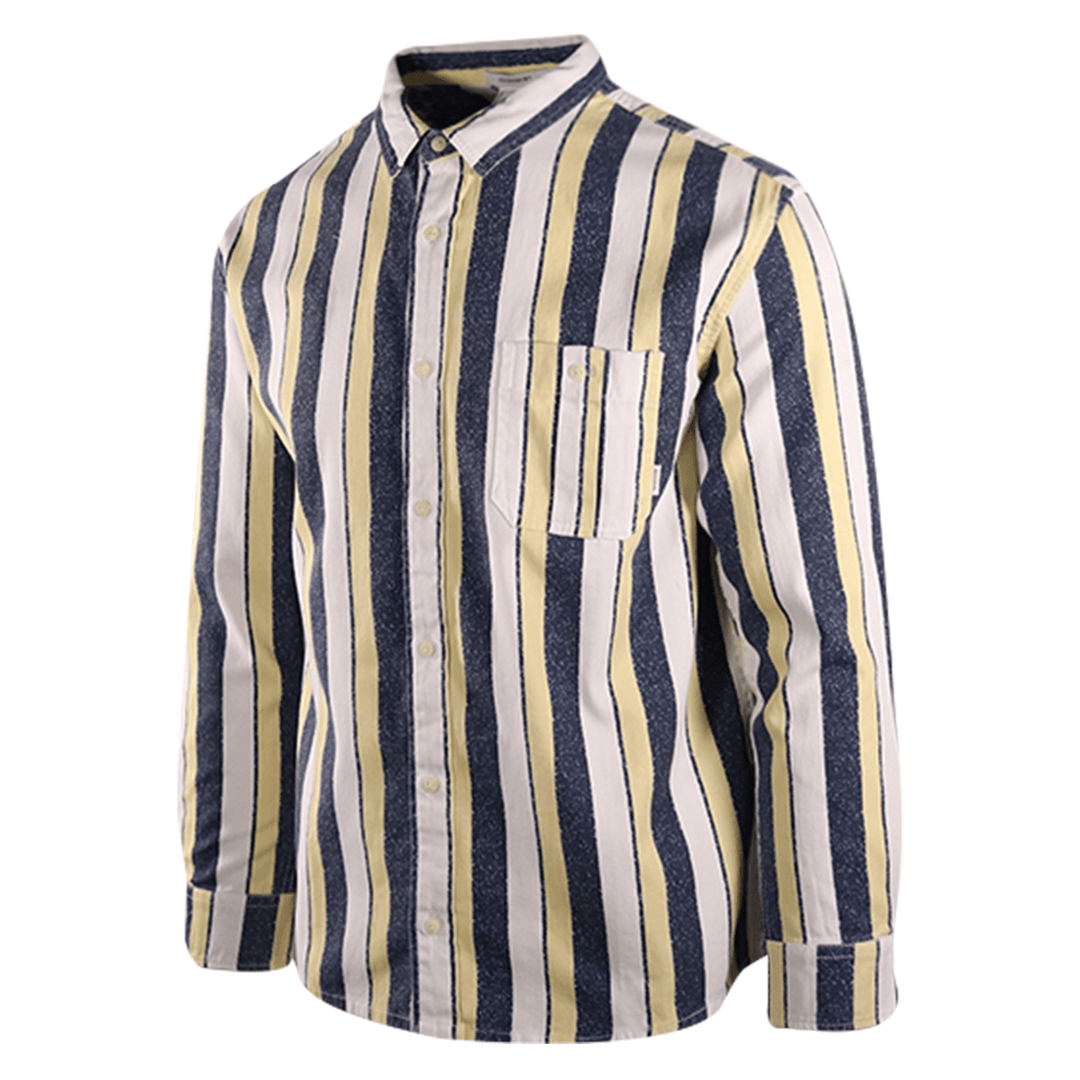 Quiksilver Men's Navy Yellow White Vertical Striped L/S Woven Shirt (S17)