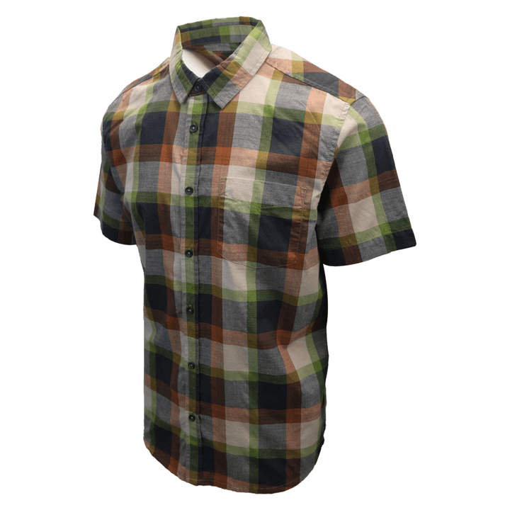 prAna Men's Charcoal Green Orange Box Plaid Benton S/S Woven Shirt S05