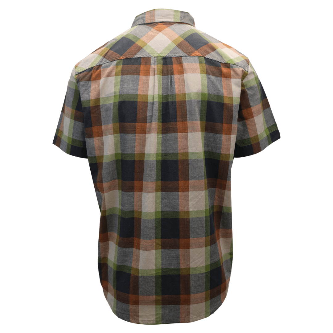 prAna Men's Charcoal Green Orange Box Plaid Benton S/S Woven Shirt S05