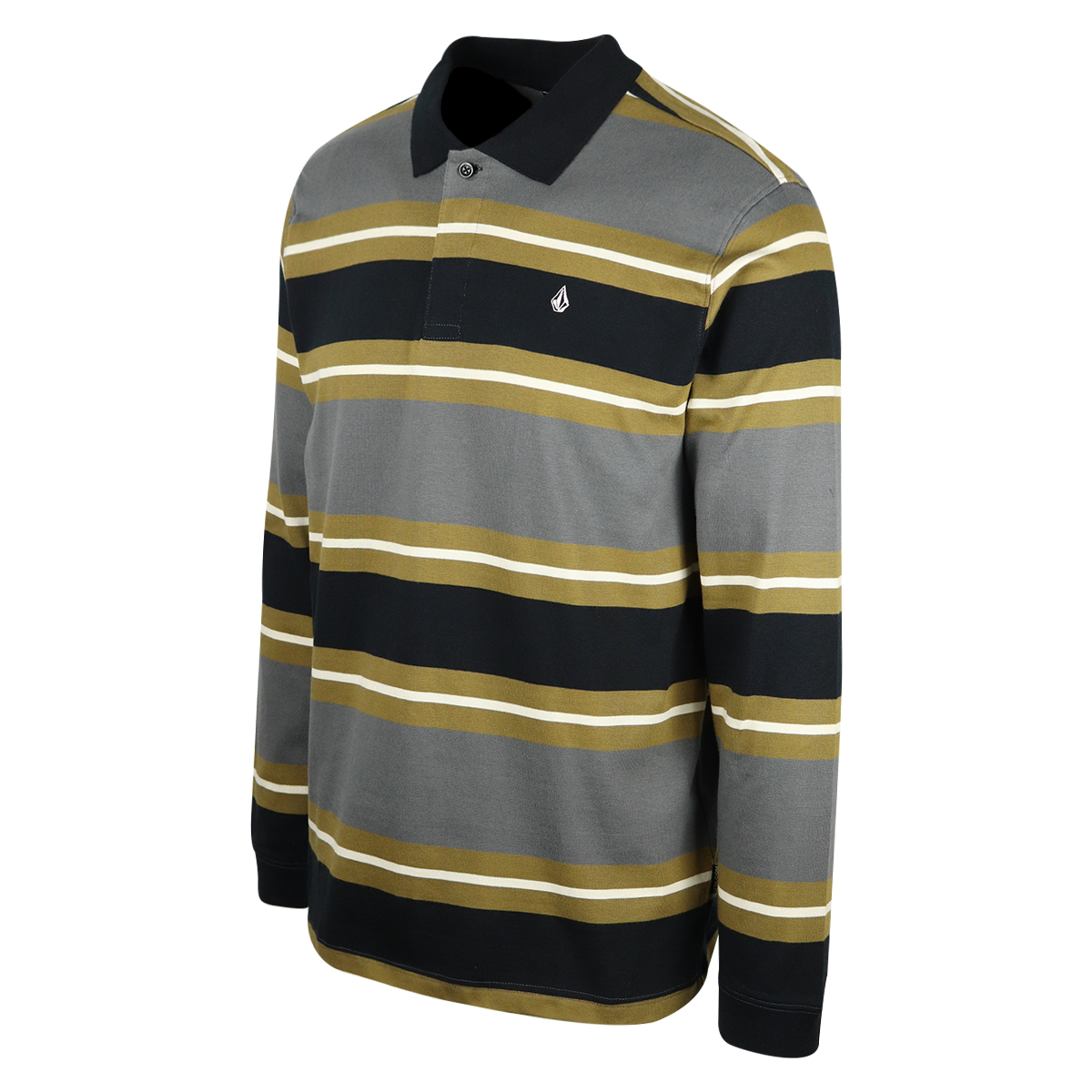 Volcom Men's Black, Gray, Moss Green Striped L/S Polo T-Shirt