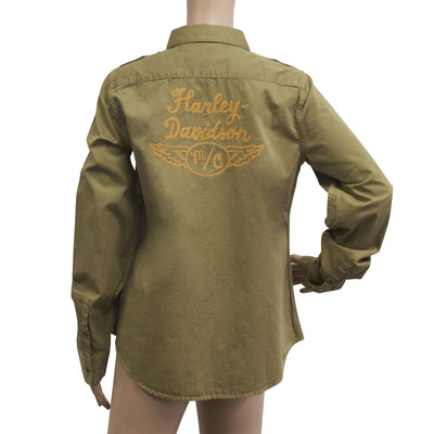 Harley-Davidson Women's Olive Green Shoulder Stud Denim L/S Woven Shirt