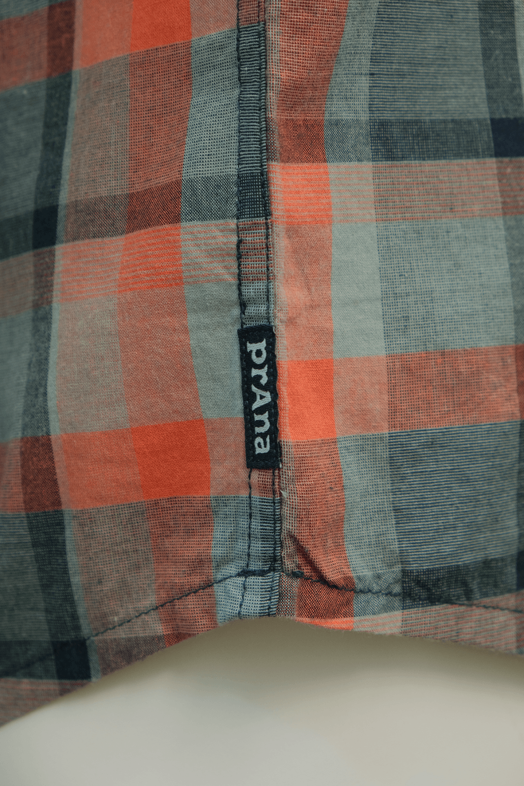 prAna Men's Bright Coral Orange Grey Black Box Plaid Benton S/S Woven Shirt S08