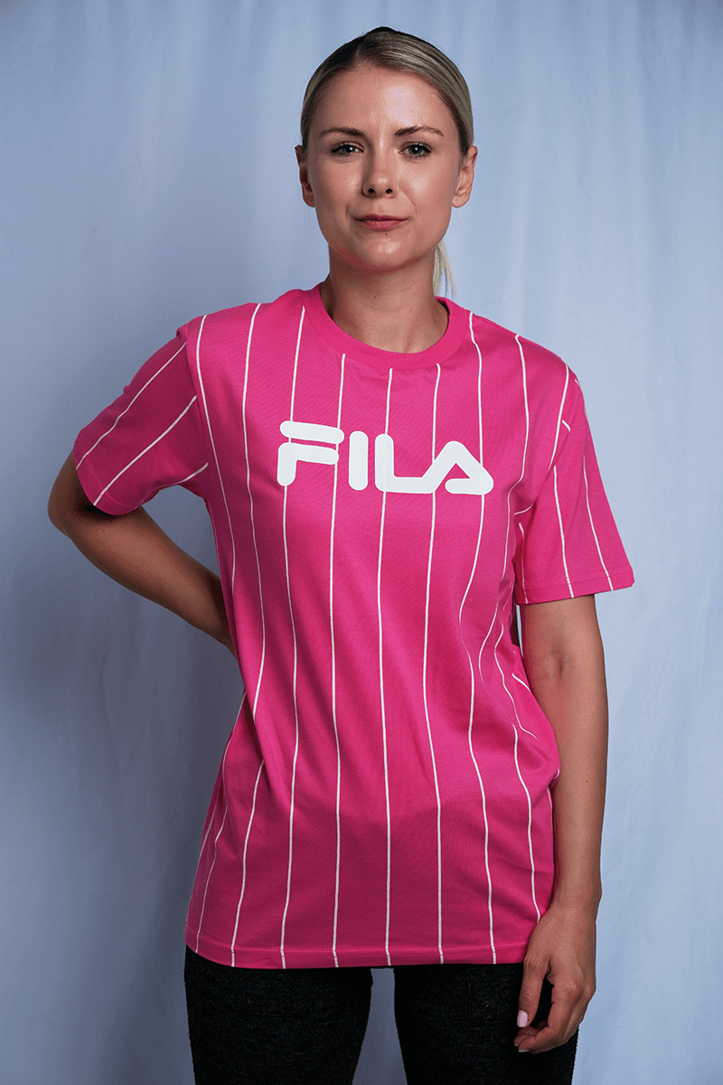 FILA Women s Pink White Striped Logo S S T Shirt 163