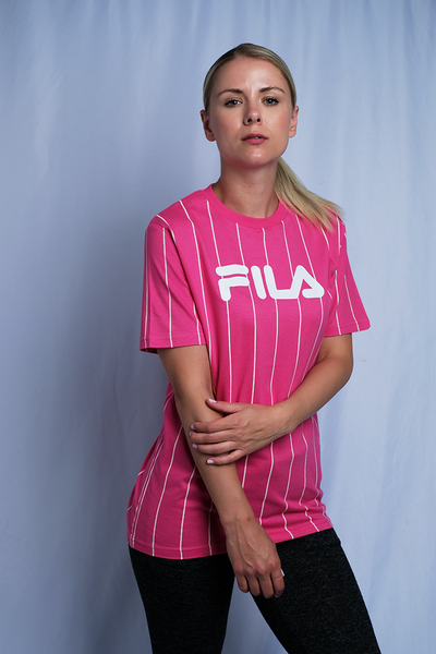 FILA Women's Pink & White Striped Logo S/S T-Shirt (163)