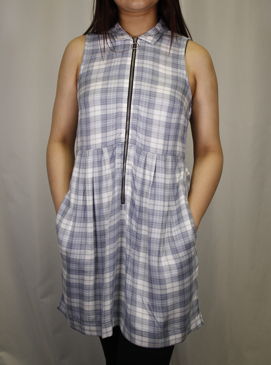 OBEY Women's Blue White Plaid Sleeveless 3/5 Zip Dress