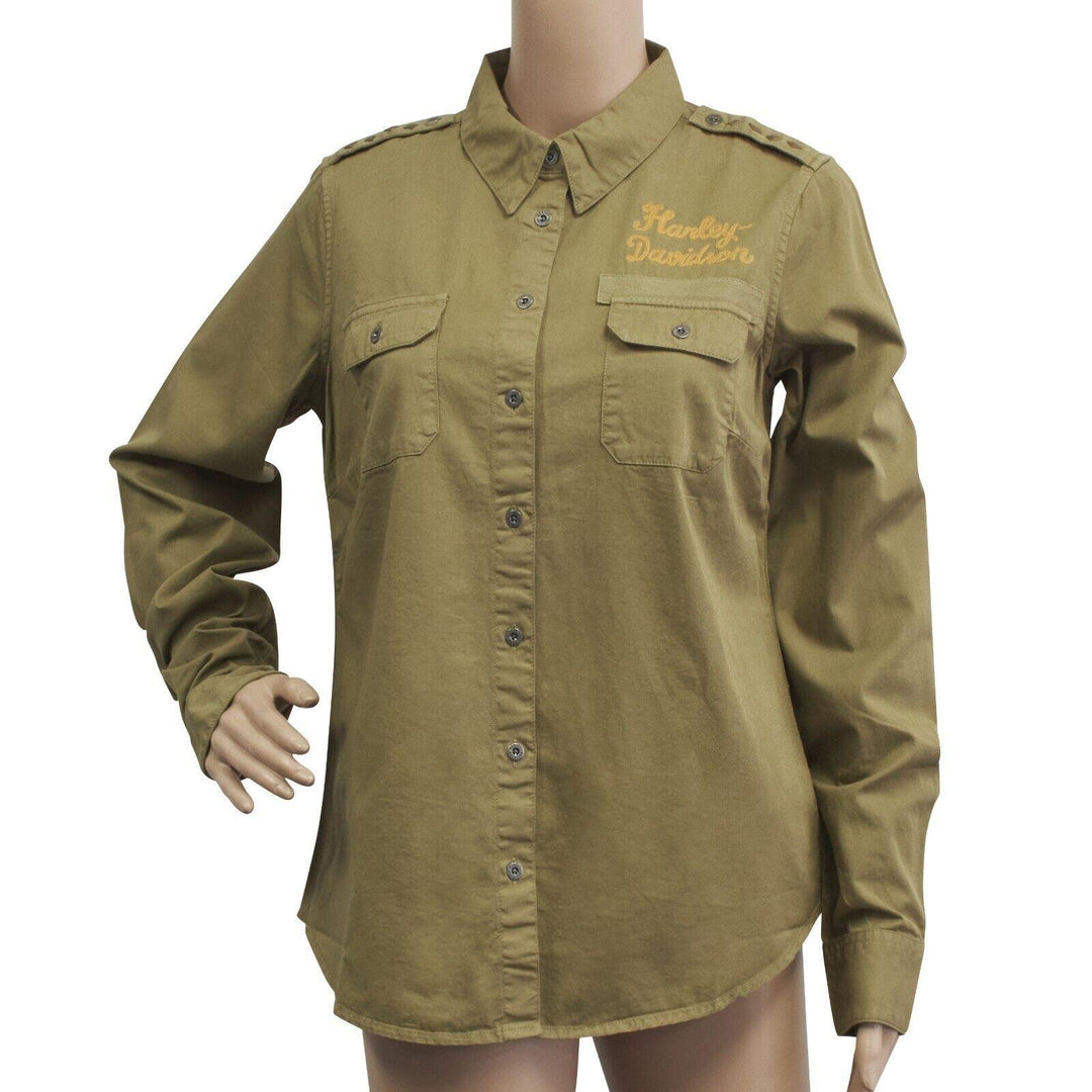 HD Branded Women's Olive Green Shoulder Stud Denim L/S Woven Shirt