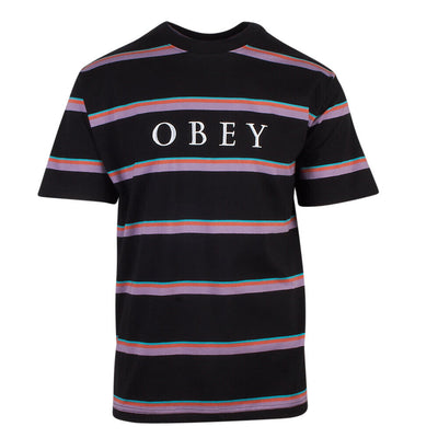 OBEY Men's Black Purple Coral Teal Striped S/S T-Shirt