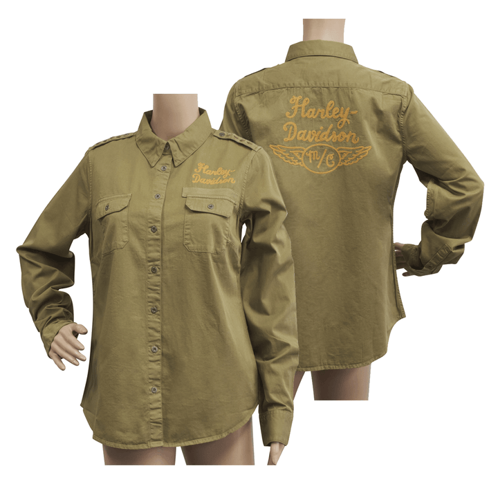 HD Branded Women's Olive Green Shoulder Stud Denim L/S Woven Shirt