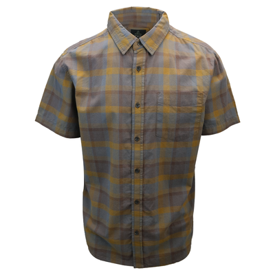 prAna Men's Brown Grey Gold Box Plaid Benton S/S Woven Shirt S06