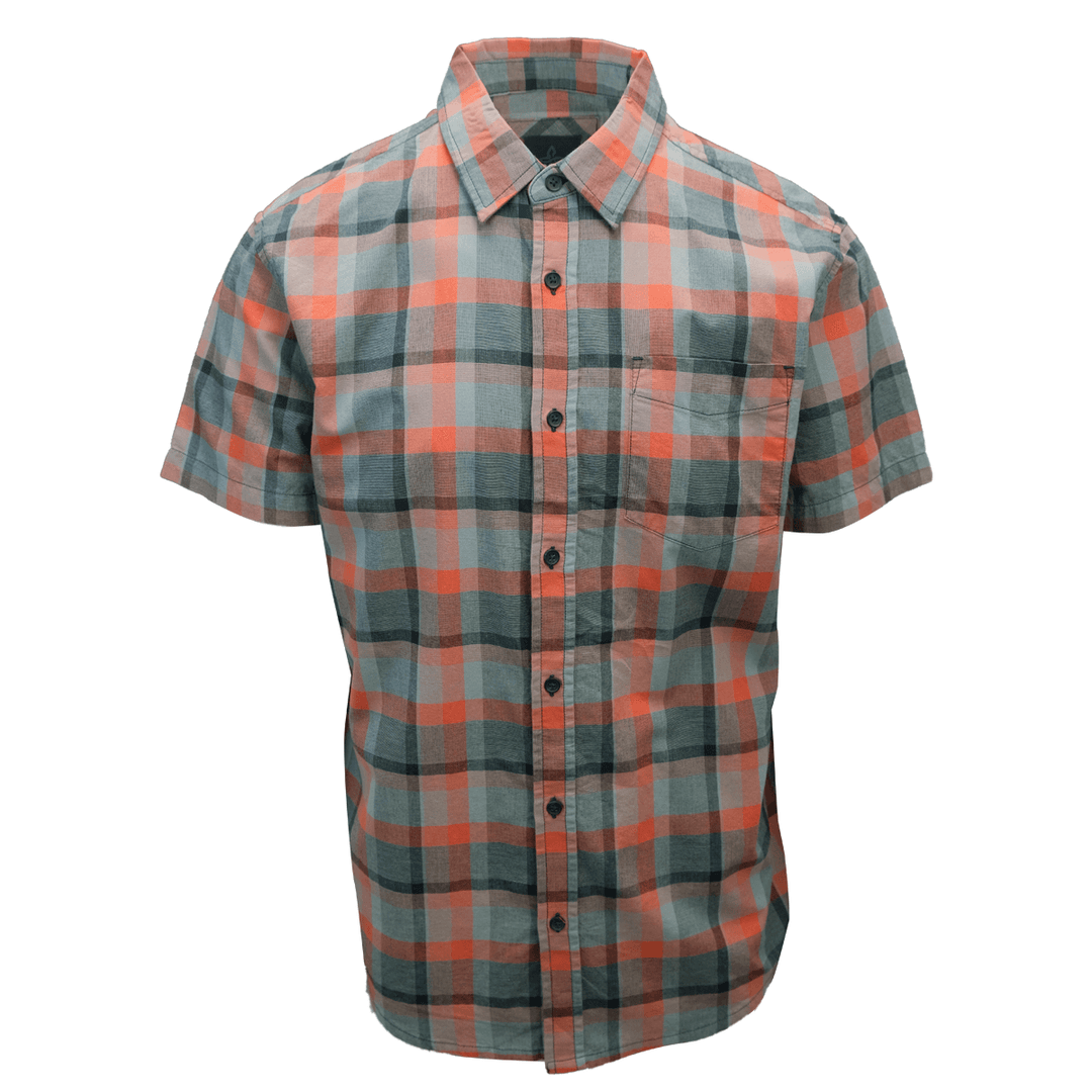 prAna Men's Bright Coral Orange Grey Black Box Plaid Benton S/S Woven Shirt S08