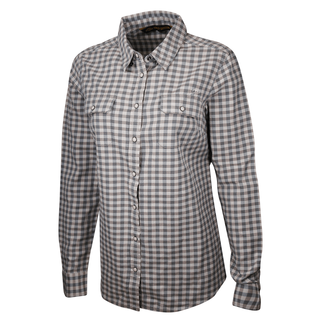 HD Branded Women's Grey Blue Plaid L/S Woven Shirt