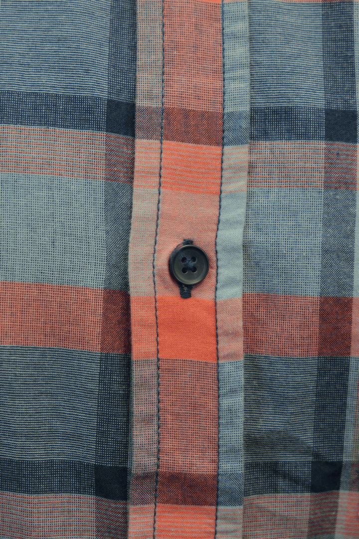prAna Men's Bright Coral Orange Grey Black Box Plaid Benton S/S Woven Shirt S08