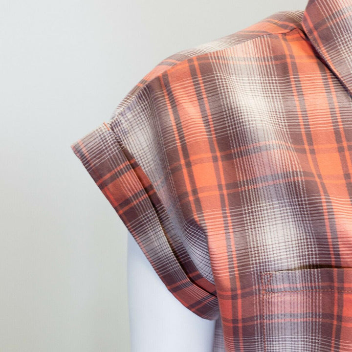 HD Branded Women's Red Orange Ombre Plaid S/S Woven Shirt Vest (S03)
