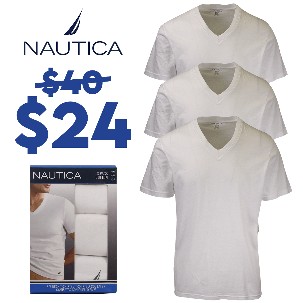 Nautica Men's 3 Pack White V-Neck S/S Tee