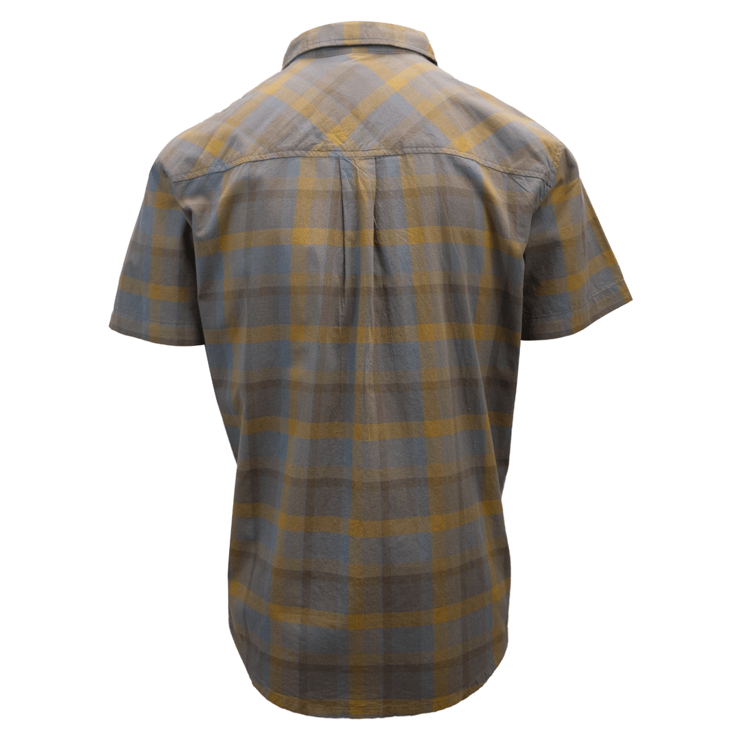 prAna Men's Brown Grey Gold Box Plaid Benton S/S Woven Shirt S06