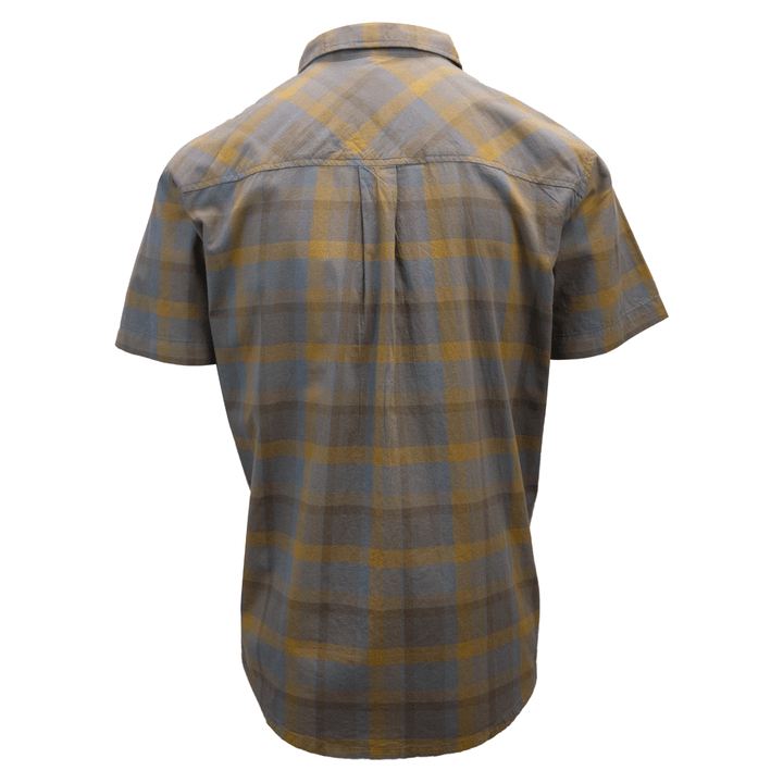 prAna Men's Brown Grey Gold Box Plaid Benton S/S Woven Shirt S06
