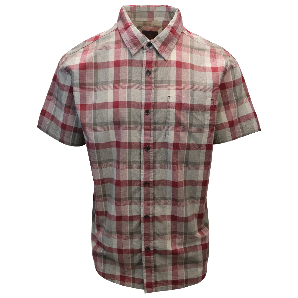 prAna Men's Raspberry Red Cream Grey Box Plaid Benton S/S Woven Shirt S07