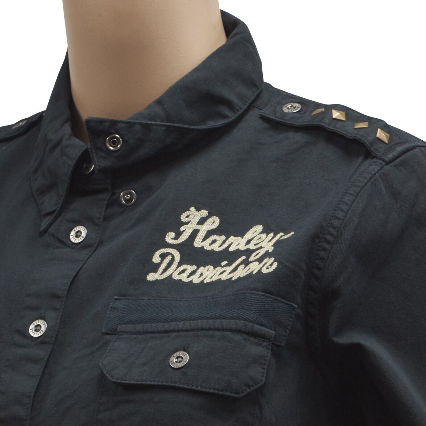 Harley-Davidson Women's Black Shoulder Stud Denim L/S Woven Shirt