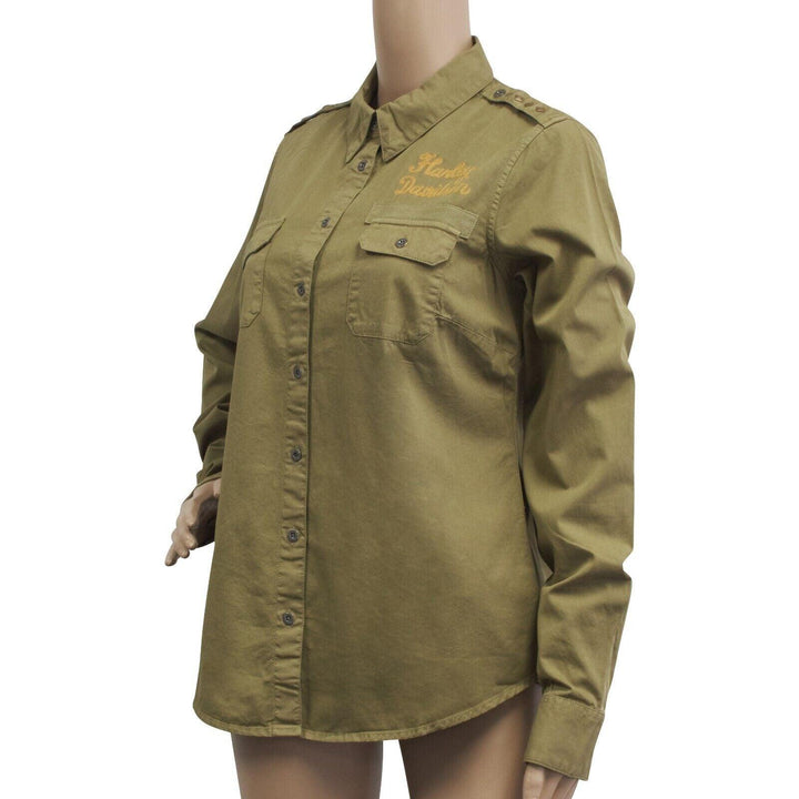 HD Branded Women's Olive Green Shoulder Stud Denim L/S Woven Shirt