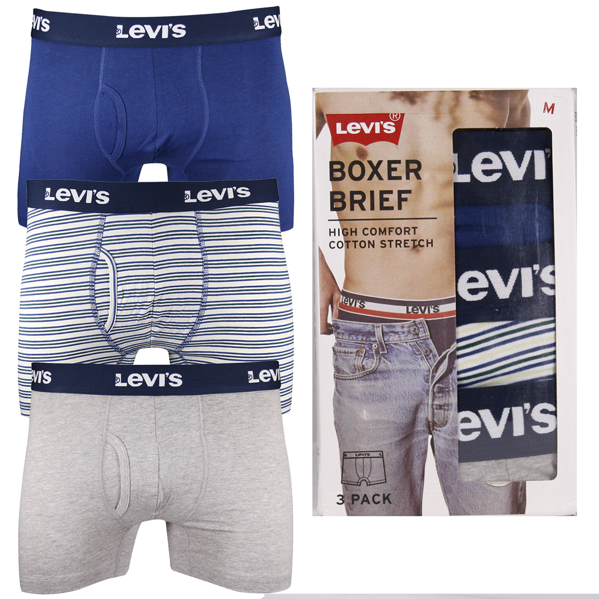 Levi's Men's 3 Pack Blue, Striped, Grey Stretch Boxer Briefs (S08)